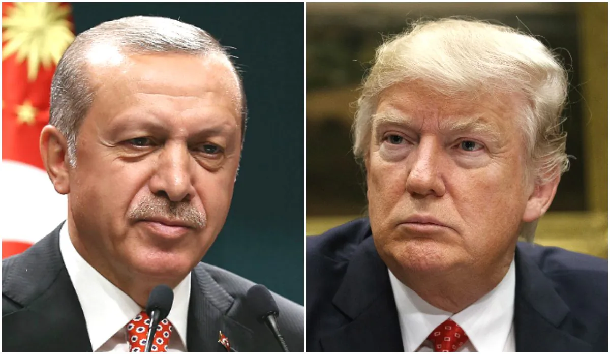Turkish President Recep Tayyip Erdogan addresses people demonstrating against the failed military coup attempt in Turkey, via video conferencing in Ankara, Turkey, on July 24, 2016. President Donald Trump attends a meeting in the Roosevelt Room of the White House in Washington, D.C., on Feb. 7, 2017. (Yasin Bulbul/AFP/Getty Images); 