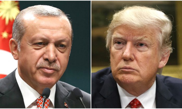 Turkish President Recep Tayyip Erdogan addresses people demonstrating against the failed military coup attempt in Turkey, via video conferencing in Ankara, Turkey, on July 24, 2016. President Donald Trump attends a meeting in the Roosevelt Room of the White House in Washington, D.C., on Feb. 7, 2017. (Yasin Bulbul/AFP/Getty Images); 