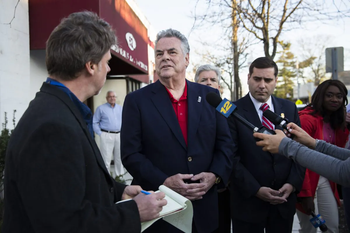 Rep. Peter King (R–N.Y.) outside a community forum on April 18, 2017, less than a week after the bodies of four young men were found in Recreation Village Town Park in Central Islip, N.Y. (Samira Bouaou/The Epoch Times)