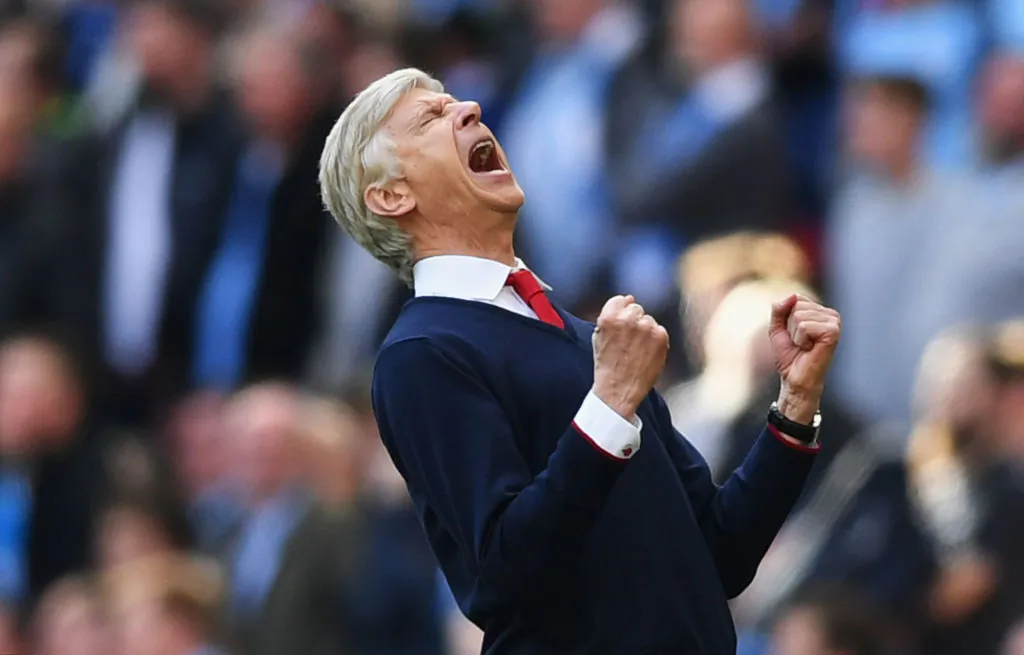 Arsene Wenger manager of Arsenal celebrates his team's 2-1 victory at the final whistle during the Emirates FA Cup Semi-Final match between Arsenal and Manchester City at Wembley Stadium on April 23, 2017 in London, England. Shaun Botterill/Getty Images).