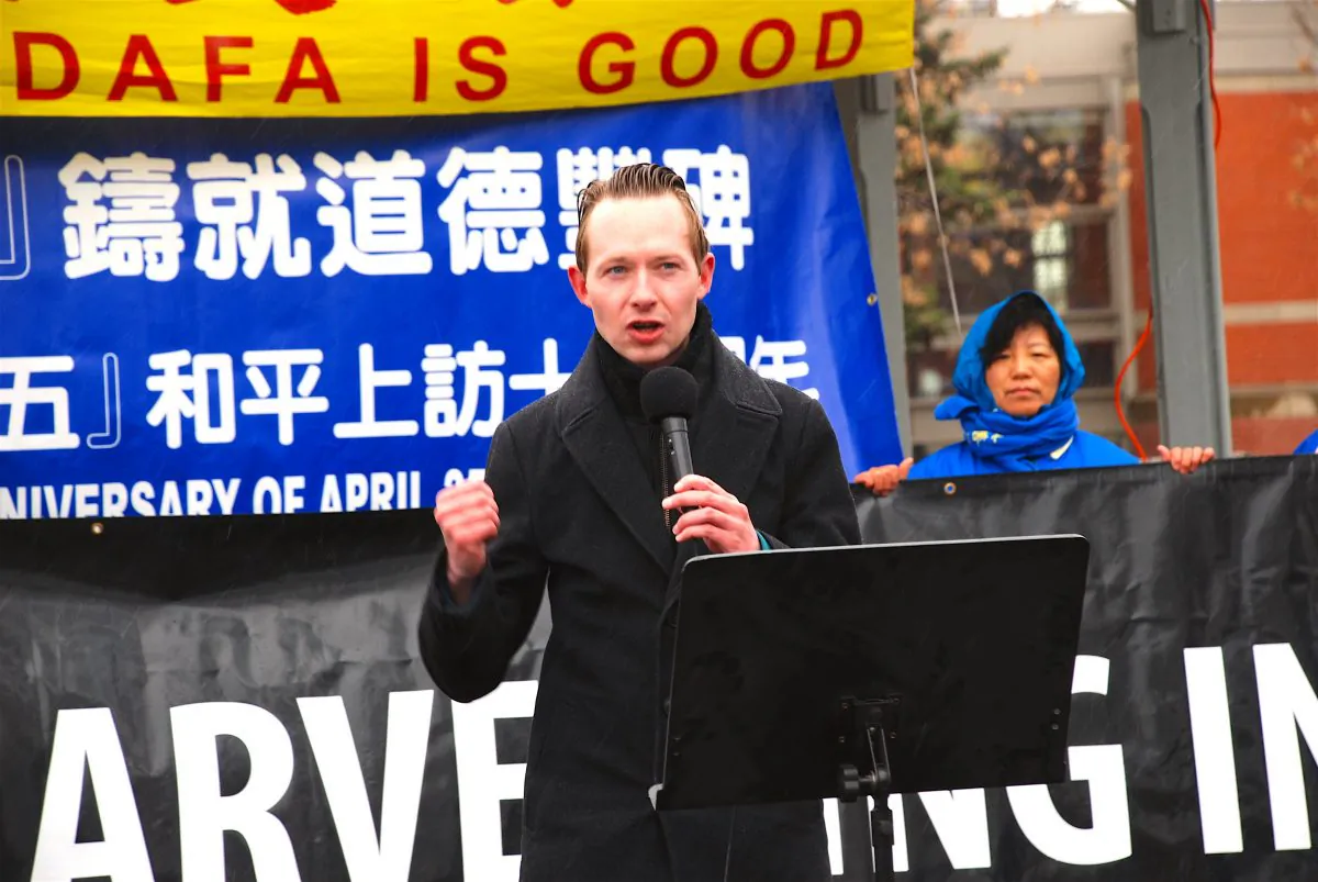 Michael Cooper, MP for Edmonton-St. Albert, talks at a rally in Edmonton’s Dr. Wilbert McIntyre Gazebo on April 22, 2017 to mark the 18th anniversary of the April 25, 1999 appeal in Beijing by Falun Dafa adherents. (Omid Ghoreishi/The Epoch Times)