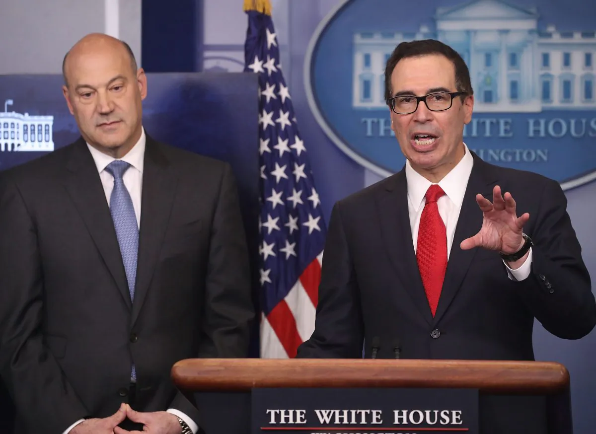 Secretary of the Treasury Steven Mnuchin (R) and chief economic adviser Gary Cohn speak about President Donald Trump's new tax reform plan during a briefing at the White House on April 26, 2017 in Washington, D.C. (Mark Wilson/Getty Images)