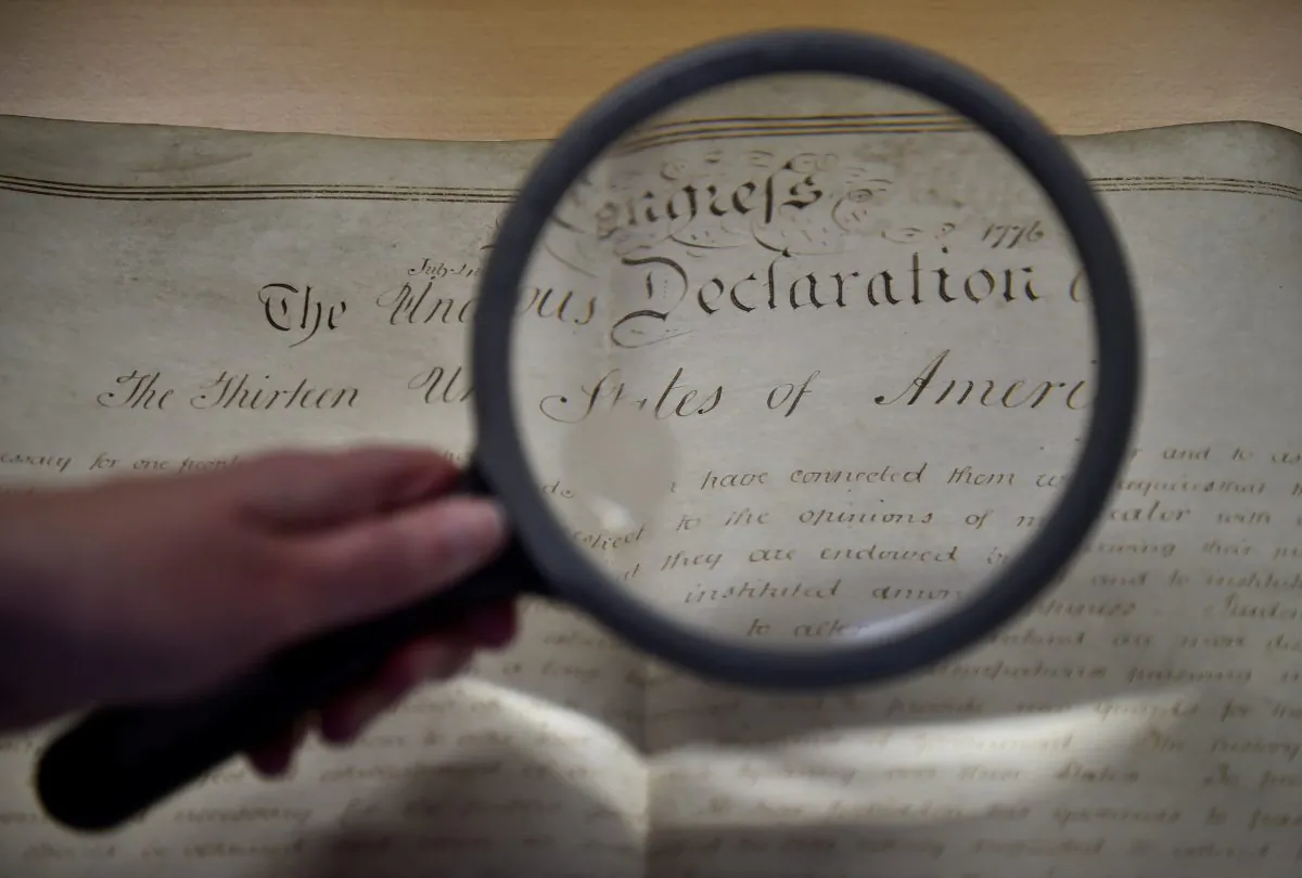 A rare handwritten copy of the U.S. Declaration of Independence is seen at the West Sussex Record Office in Chichester, England, on April 27, 2017. (Hannah McKay/Reuters)