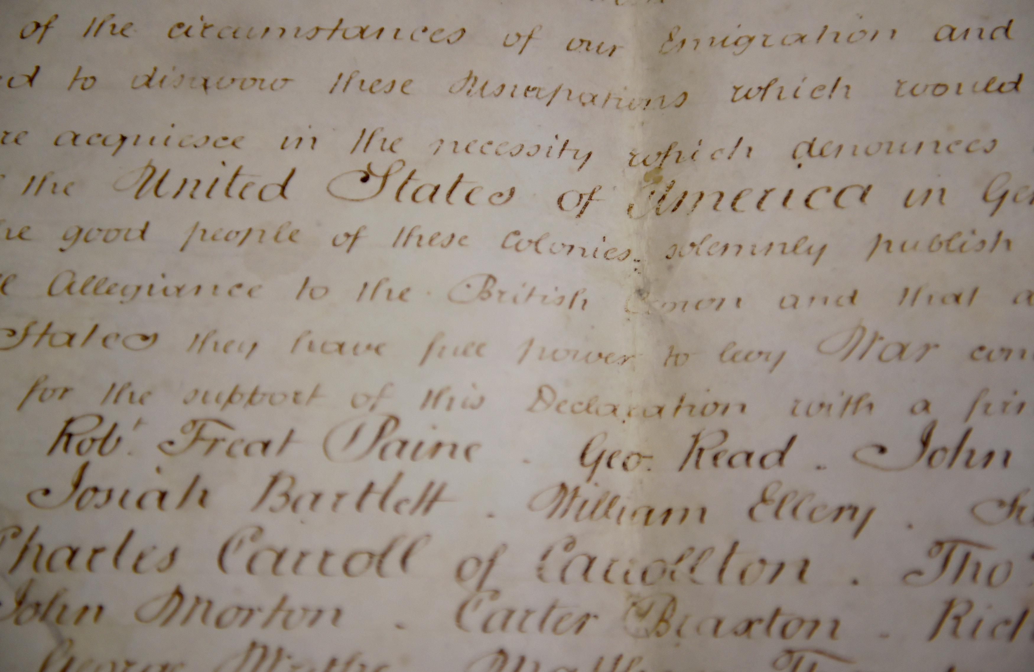 A rare handwritten copy of the U.S. Declaration of Independence is seen at the West Sussex Record Office in Chichester in south England, Britain on April 27, 2017. (REUTERS/Hannah McKay)