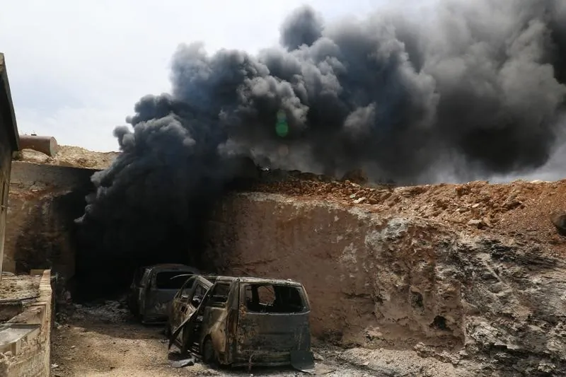 Smoke rises from an emergency service point after an airstrike at the rebel-held village of Maar Zita in Idlib province in Syria on April 27, 2017. (REUTERS/Ammar Abdullah)