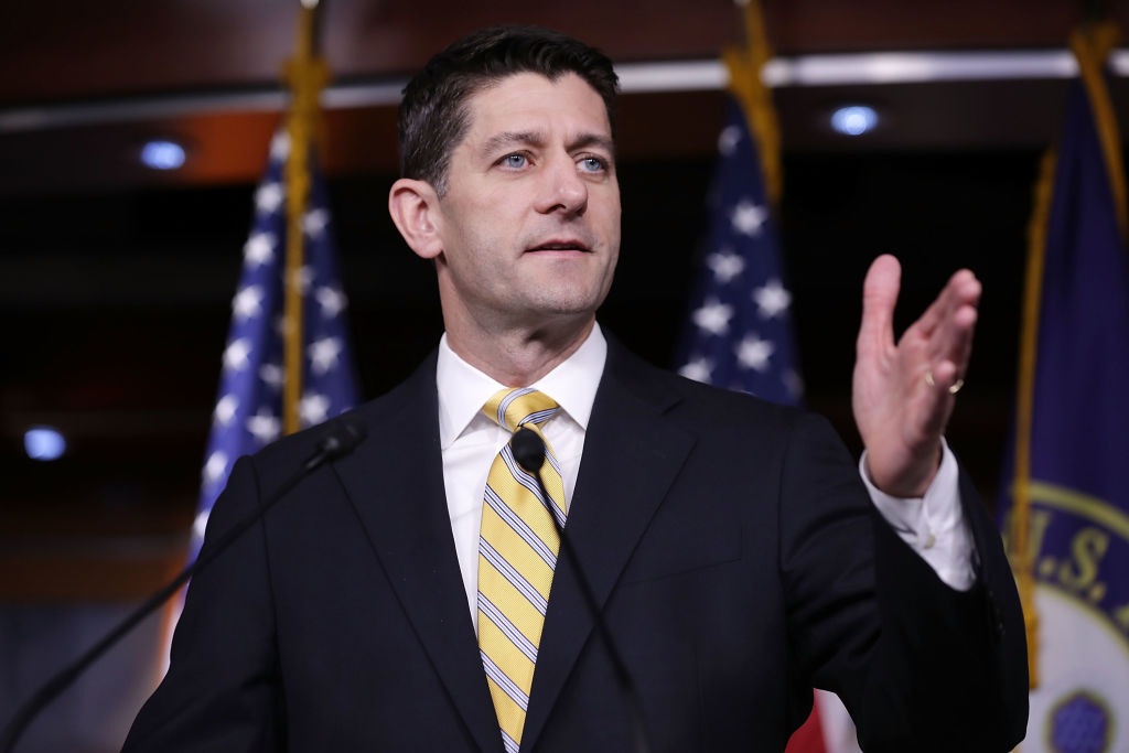 Speaker of the House Paul Ryan (R-WI) reporters during his weekly news conference at the U.S. Capitol Visitors Center in Washington April 27, 2017. (Chip Somodevilla/Getty Images)