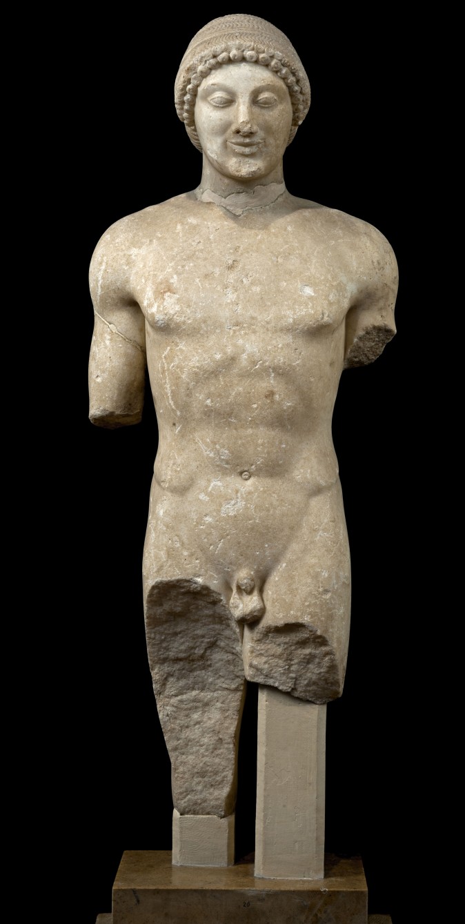 Statue of a Kouros. Marble, ca. 500 BC, from the Sanctuary of Apollo at Ptoos. National Archaeological Museum, Athens; Hellenic Ministry of Culture and Sports–Archaeological Receipts Fund. (Kostas Xenikakis)