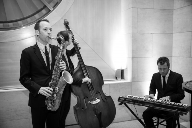 A jazz band plays at the celebration of the opening of Berkshire Hathaway HomeServices New York Properties hosted at the Four Seasons Hotel New York on April 26, 2017. (Benjamin Chasteen/The Epoch Times)