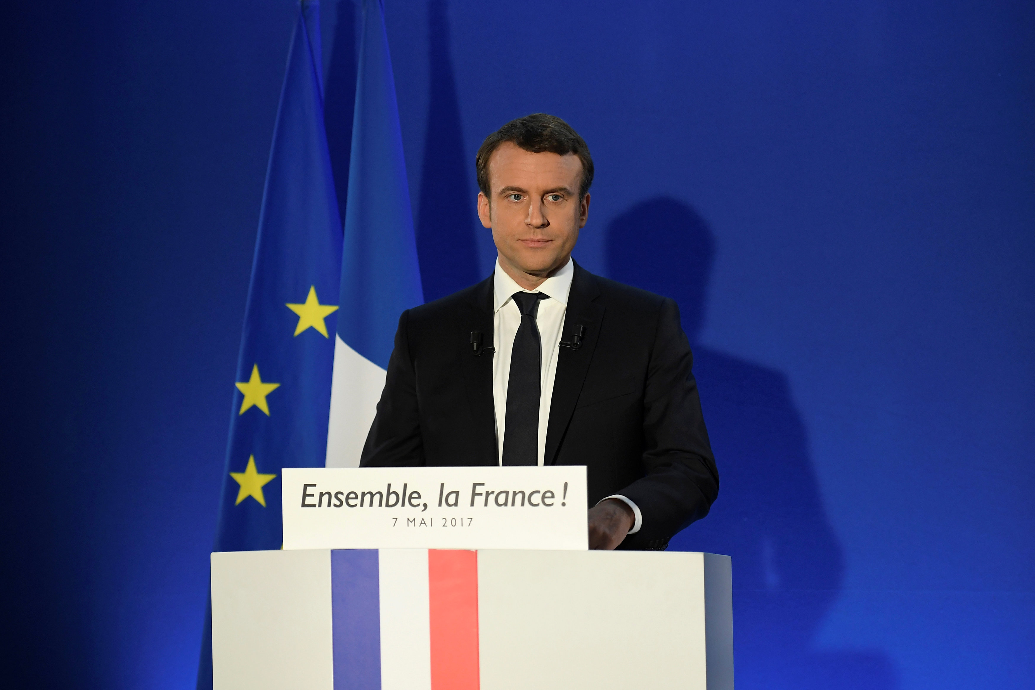 French President-elect Emmanuel Macron delivers a speech at his campaign headquarters after early results in the second round in the 2017 French presidential election in Paris, France on May 7, 2017. (REUTERS/Lionel Bonaventure/Pool)