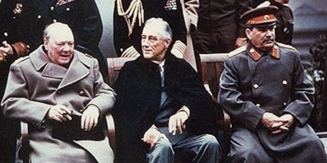 From left to right: British prime minister Winston Churchill, U.S. President Franklin Roosevelt, and Soviet dictator Joseph Stalin at the Yalta Conference in 1945. (Public Domain)
