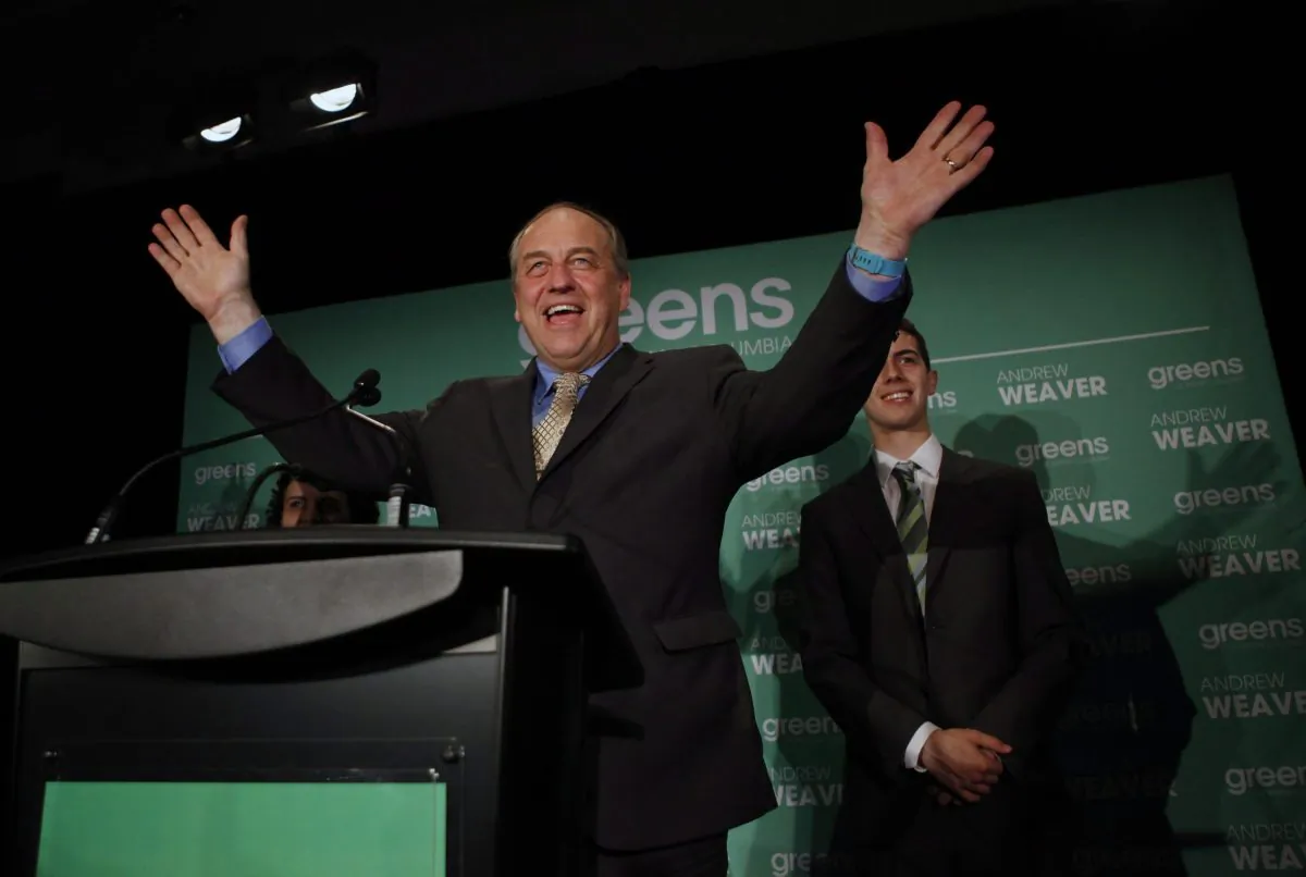B.C. Green party leader Andrew Weaver speaks to supporters at the Delta Ocean Pointe on election night in Victoria, B.C., on May 10, 2017. (The Canadian Press/Chad Hipolito)