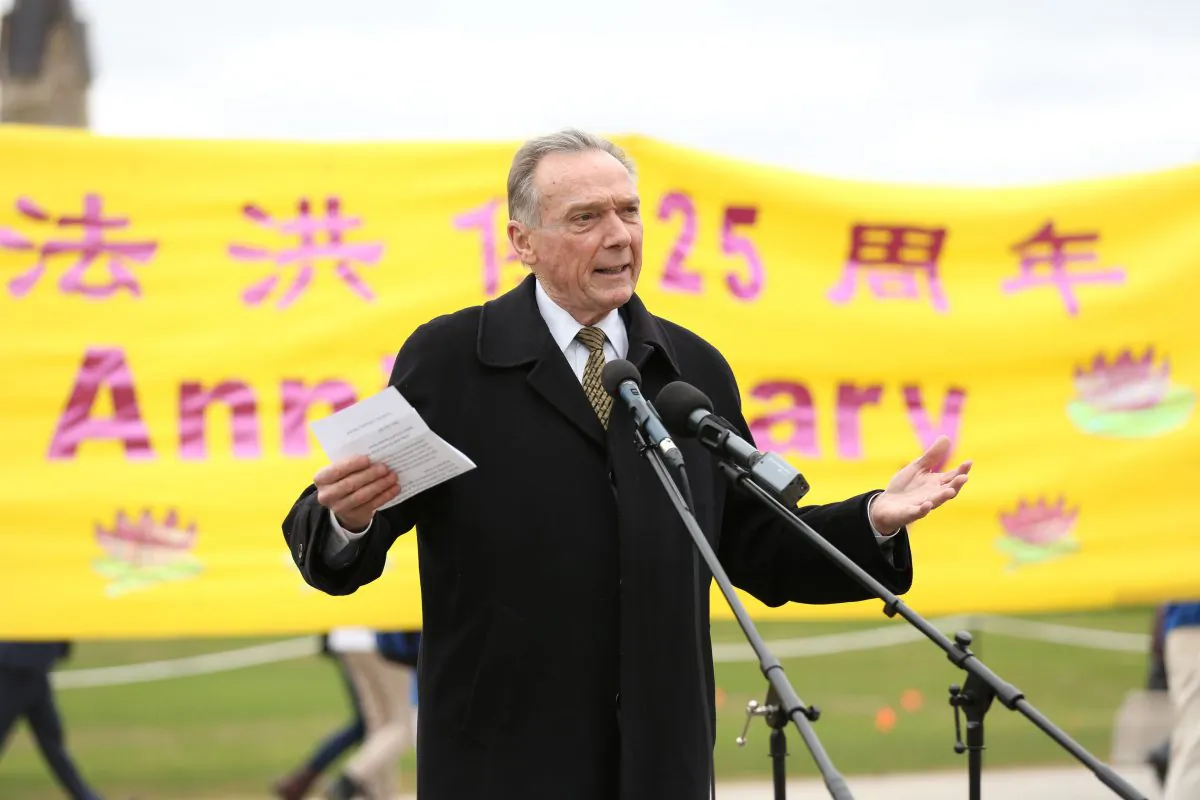 Conservative MP Peter Kent, co-chair of Parliamentary Friends of Falun Gong, speaks at a celebration on Parliament Hill marking the 25th anniversary of Falun Gong, May 9, 2017. (Evan Ning/Epoch Times)
