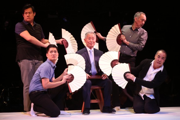 (L–R) Kelvin Moon Loh, Austin Ku, George Takei, Mark Oka, and Thom Sesma in a song from