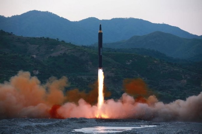 The long-range strategic ballistic rocket Hwasong-12 (Mars-12) is launched during a test in this undated photo released on May 15, 2017. (KCNA via REUTERS)
