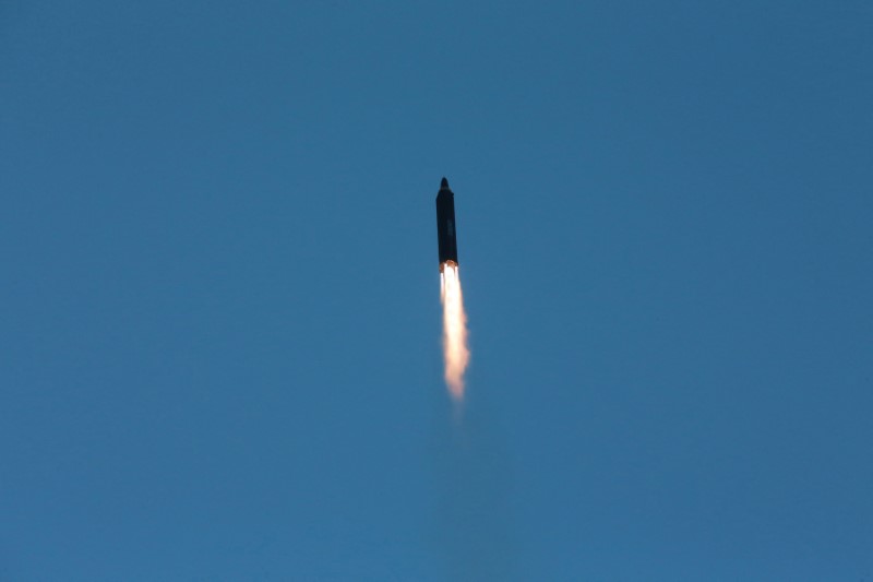 The long-range strategic ballistic rocket Hwasong-12 (Mars-12) is launched during a test in this undated photo released on May 15, 2017. (KCNA via REUTERS REUTERS)