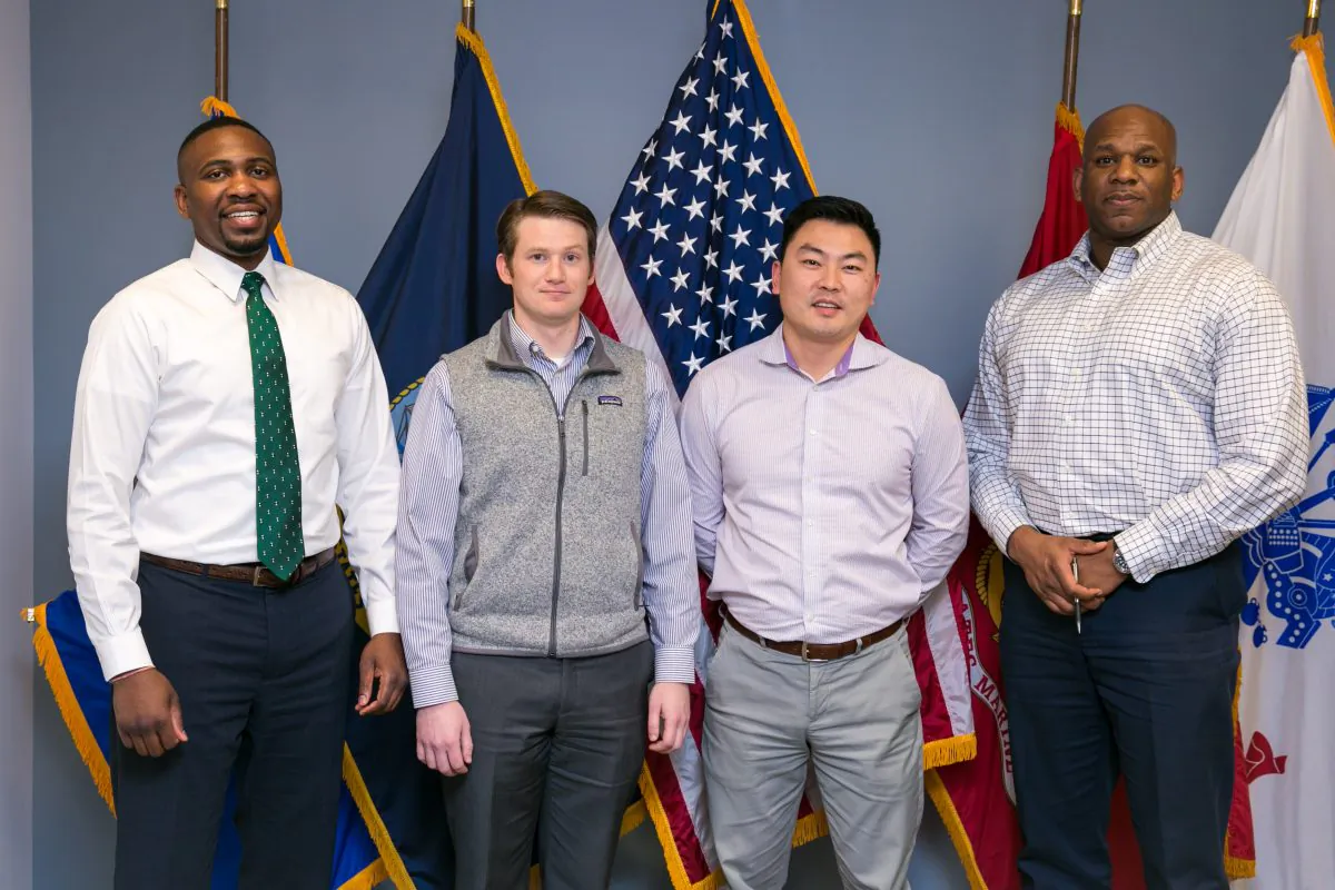 U.S. veterans Paul Lee, Matthew Murawski, Alex Kim, and Ben Downing at the Drexel Hamilton office in the Financial District of Manhattan on May 9, 2017. (Benjamin Chasteen/Epoch Times)