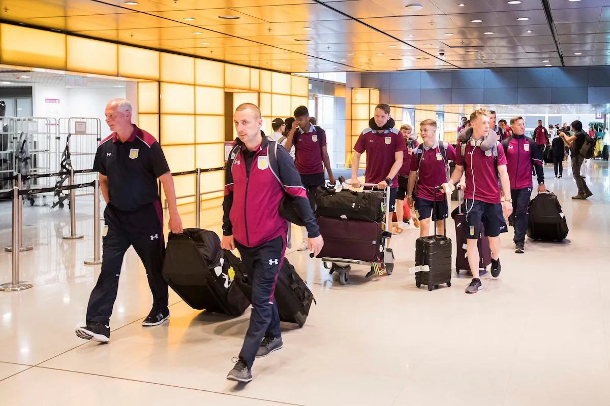 Coaches and players of the Aston Villa Academy football team arriving at Hong Kong airport on Wednesday May 24 in readiness to compete in the HKFC Citi Soccer Sevens to take place from Friday May 26 to Sunday May 28, 2017. (King Chung Fung/Power Sport Images)