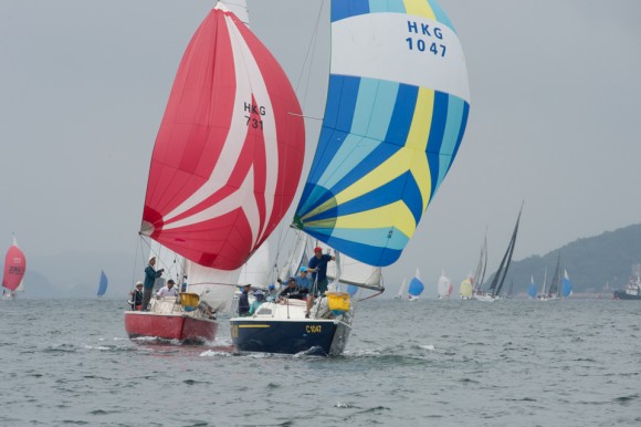 Impala 'Taxi' ahead of 'Rainbow Chaser' in Race 1 of the RHKYC Spring Regatta on Saturday May 20. 2017. (Bill Cox/Epoch Times)