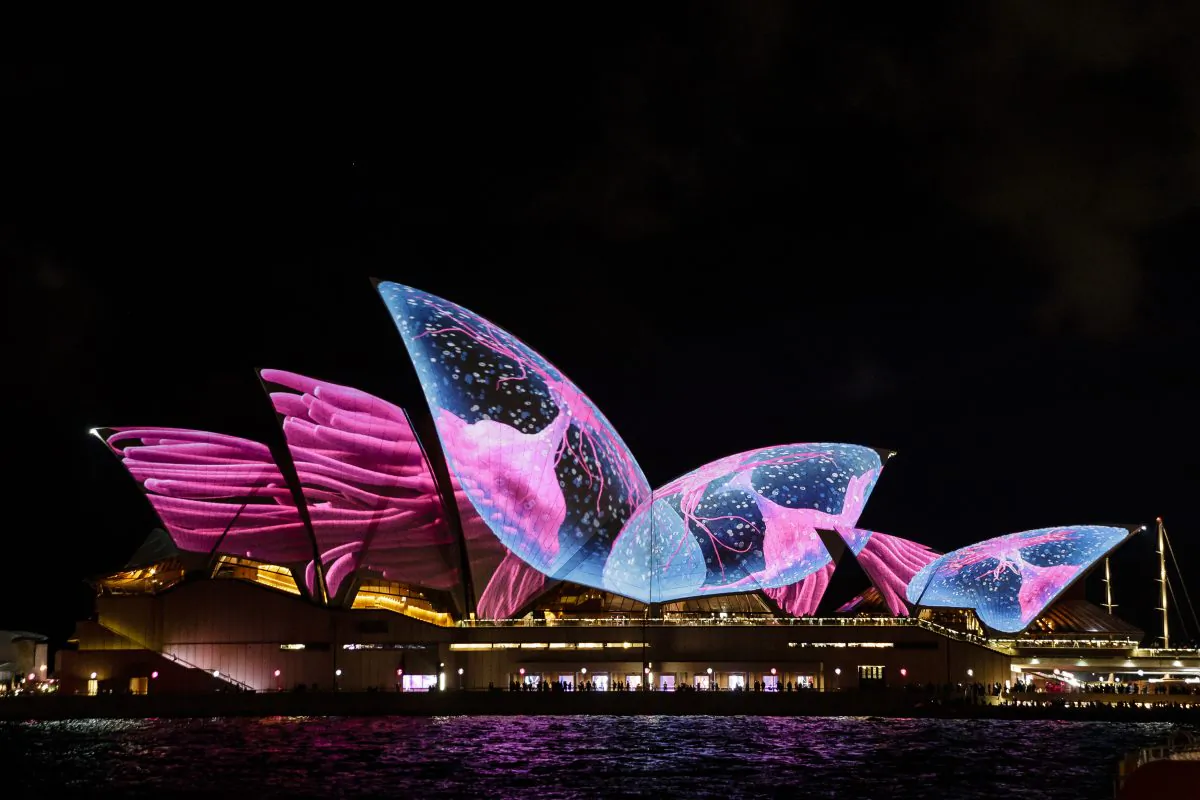 The Sydney Opera House sails are lit for the start of the Vivid Festival in Sydney, Australia on May 26, 2017. (Brook Mitchell/Getty Images)