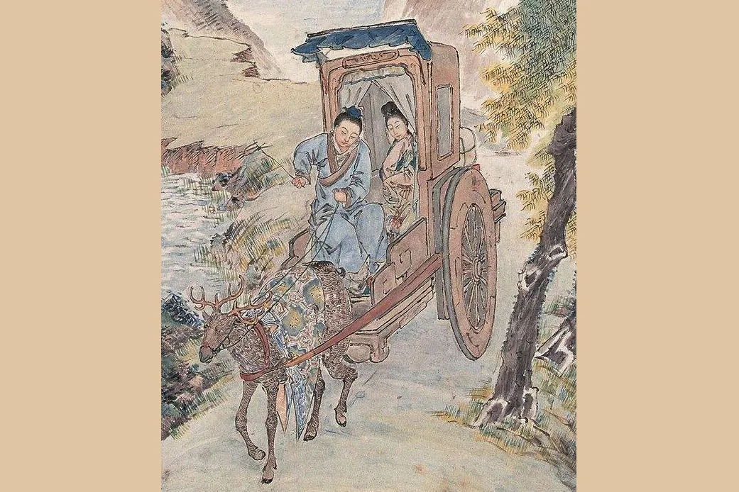 Image depicting the current-day Chinese saying which describes a united young couple who live happily even in poverty with the term “riding together in a carriage driven by deer”. (Internet photo)