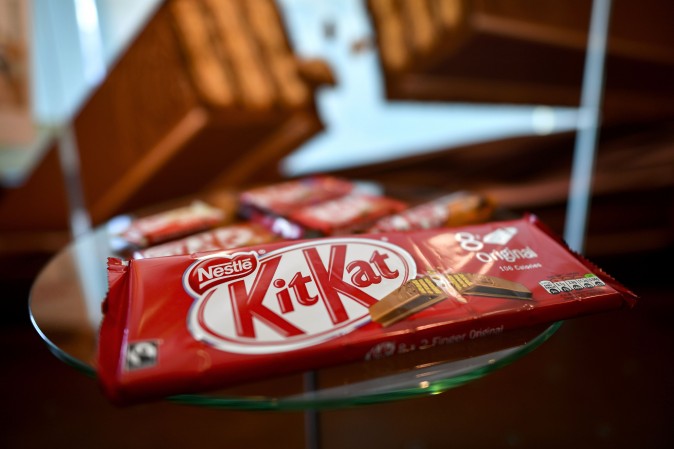 A pack of chocolate-covered wafer biscuit bar KitKat brand is displayed in the showroom of Swiss food giant's Nestle on October 20, 2016 in Vevey. Sales of Swiss food giant Nestle rose slightly in the first 9 months of 2016, in a "more sluggish" environment, which led the group to strongly revise downwards its expectations for the full 2016 year. According to a statement released October 20, the group recorded a one-percent increase in sales over the first nine months of 2016 to 65,500,000,000 francs (60 billion euros). / AFP / FABRICE COFFRINI (Photo credit should read FABRICE COFFRINI/AFP/Getty Images)