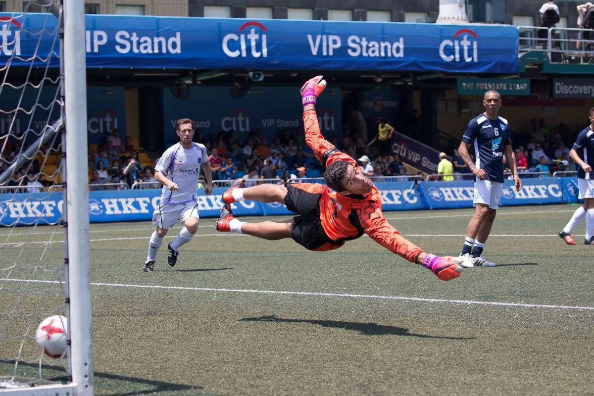 David James (former Liverpool and England goalkeeper) is unable to keep out Discovery Bay's second goal in their Master Plate Final. James' PlayonPROS went on to win the match 3-2 thanks to an Emile Heskey free kick. (Dan Marchant)