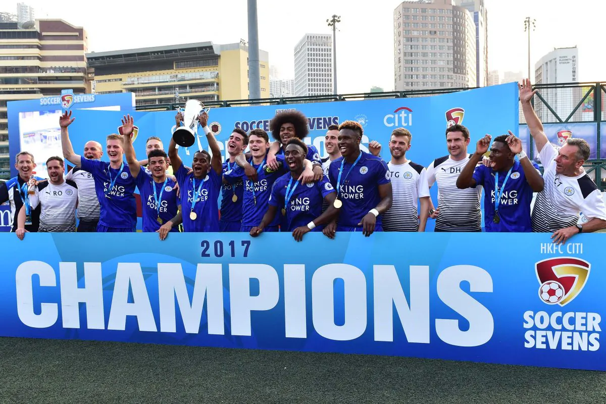 Leicester City celebrate winning the HKFC Citi Soccer Sevens Main Tournament at the Hong Kong Football Club on Sunday May 28, 2017. They beat Aston Villa 3-0 in the final to claim their second success in the tournament adding to their win in 2013. (Bill Cox/Epoch Times}