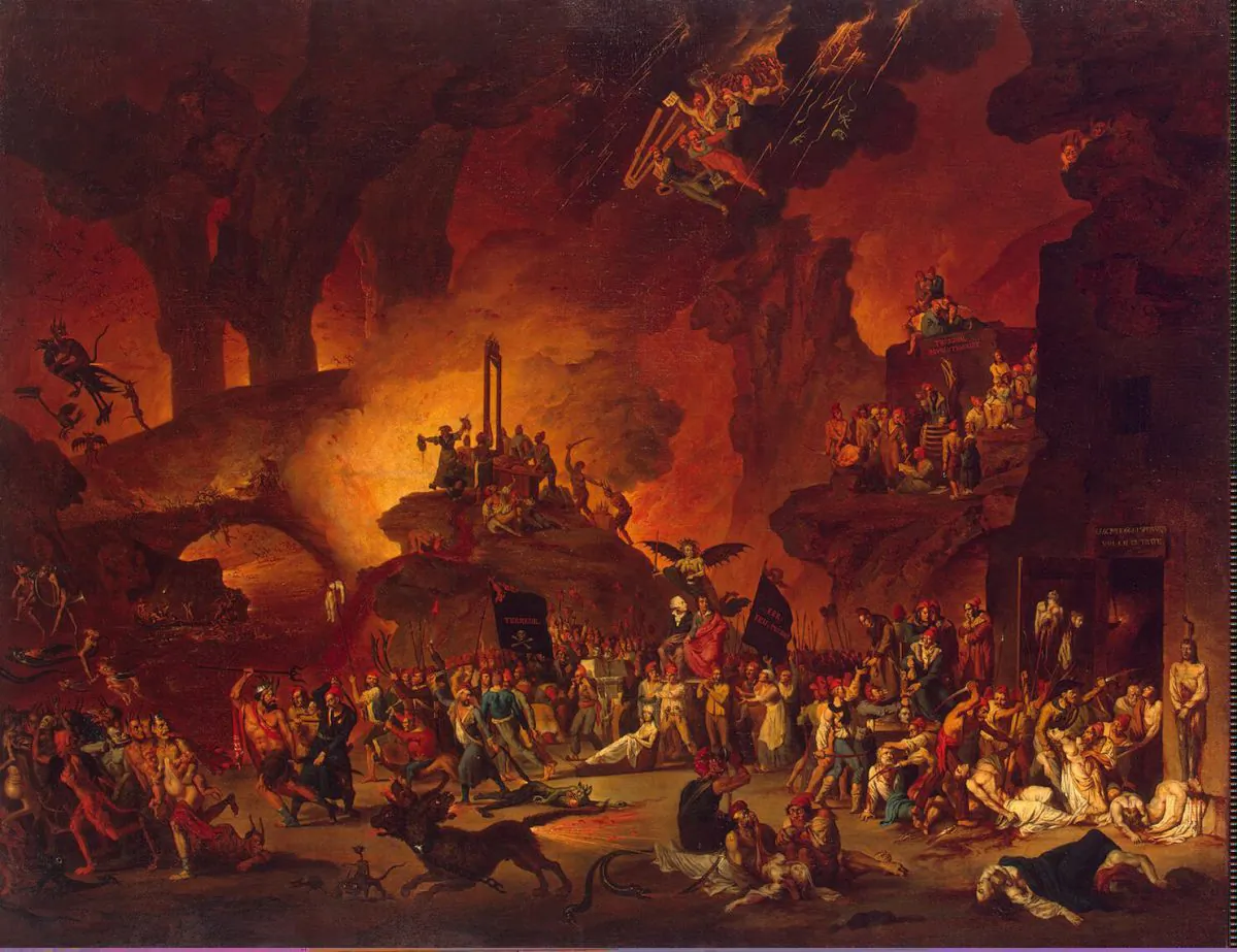 An 18th century painting presents the horrors of the French Revolution's Reign of Terror, which it depicts as a scene in Hell. (Nicolas-Antoine Taunay, "Le Triomphe de la Guillotine")