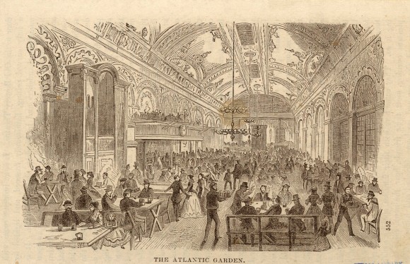 Hotel 50 Bowery now stands where the Atlantic Garden beer garden and music hall used to be. This photo shows an illustration of the Atlantic Garden from 1858. (Courtesy New York Public Library)