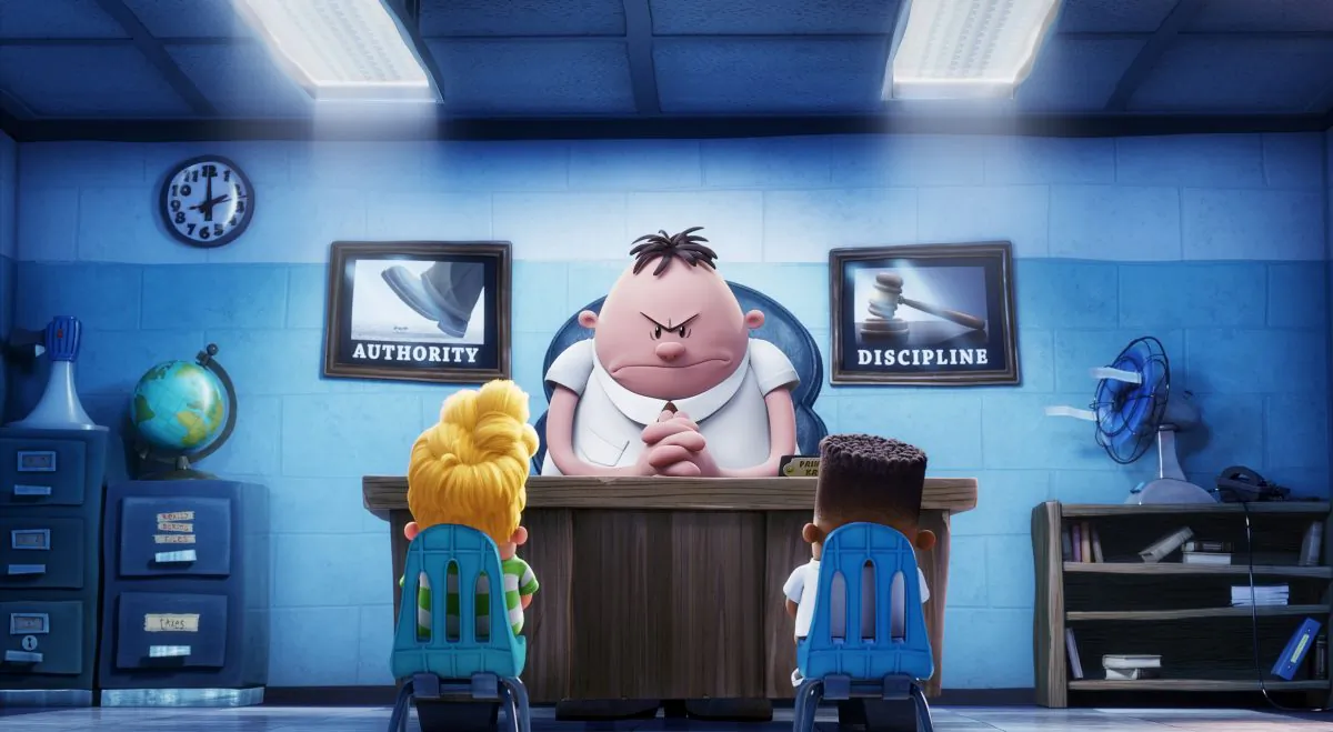 (L–R) Harold (voiced by Thomas Middleditch) and George (voiced by Kevin Hart) crack up at the sight Captain Underpants (voiced by Ed Helms) in DreamWorks Animation’s “Captain Underpants: The First Epic Movie.”
