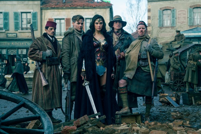 (L-R) Saïd Tagmaoui as Sameer, Chris Pine as Steve Trevor, Gal Gadot as Diana, Eugene Brave Rock as The Chief and Ewen Bremner as Charlie in the action adventure "Wonder Woman." (Clay Enos/TM & DC Comics) 