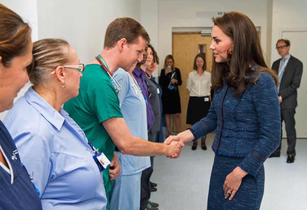 Britain's Catherine, Duchess of Cambridge (R), speaks to Dr Mark Haden as she visits Kings College Hospital to meet staff and patients affected by the terrorist attacks at London Bridge and Borough Market on June 3, in south London on June 12, 2017. (DOMINIC LIPINSKI/AFP/Getty Images)