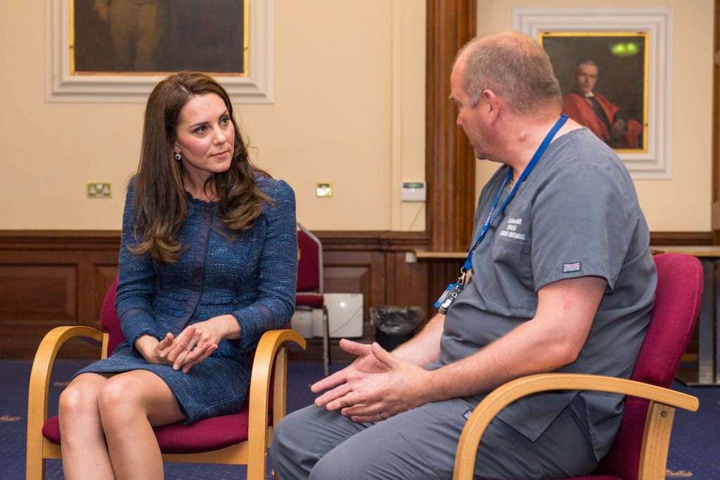 Britain's Catherine, Duchess of Cambridge (L), speaks to Clinical Director and Consultant in Emergency Medicine Dr Malcolm Tunnicliff as she visits Kings College Hospital to meet staff and patients affected by the terrorist attacks at London Bridge and Borough Market on June 3, in south London on June 12, 2017. / AFP PHOTO / POOL / Dominic Lipinski        (Photo credit should read DOMINIC LIPINSKI/AFP/Getty Images)