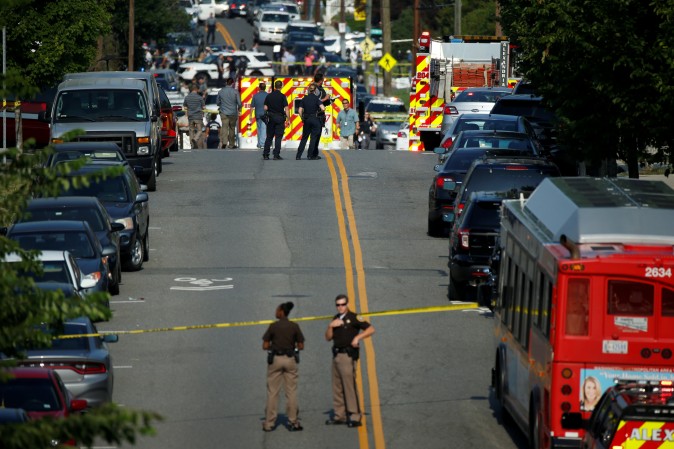 Police man a shooting scene after a gunman opened fire on Republican members of Congress during a baseball practice near Washington in Alexandria, Virginia, June 14, 2017. REUTERS/Joshua Roberts