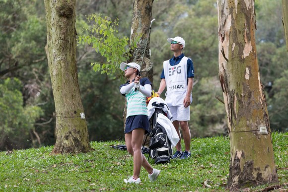 Hong Kong Olympic golfer and defending champion, Tiffany Chan plays out of trees in the final round of the EFG Hong Kong Ladies Open at Hong Kong Golf Club, Fanling on Sunday 11, 2017 (Dan Marchant)