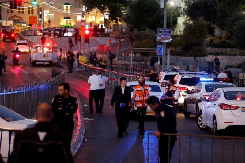 Israeli policemen secure the scene of the shooting and stabbing attack outside Damascus gate in Jerusalem's old city on June 16, 2017. (REUTERS/Ammar Awad)