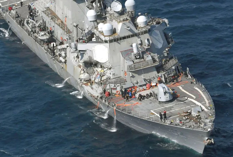 The Arleigh Burke-class guided-missile destroyer USS Fitzgerald. damaged by colliding with a Philippine-flagged merchant vessel. is seen off Shimoda, Japan in this photo taken by Kyodo on June 17, 2017. (Kyodo/via REUTERS)