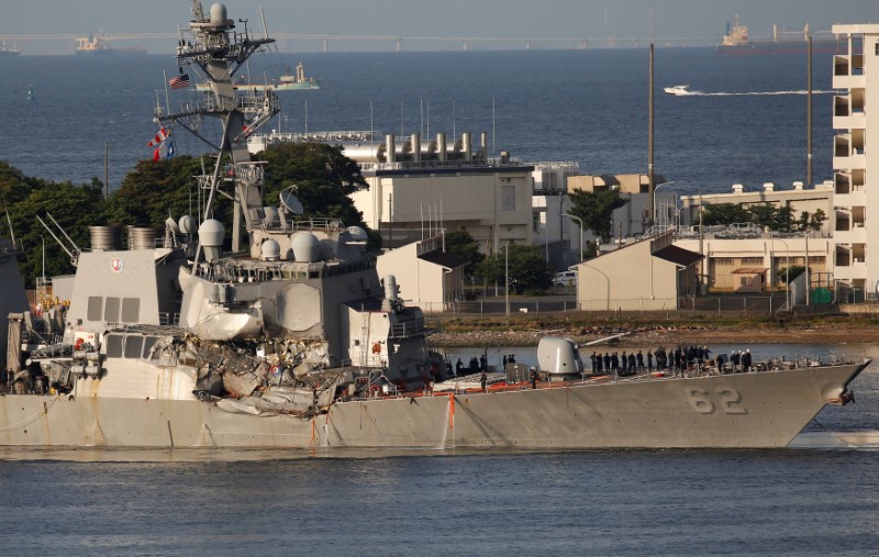 The Arleigh Burke-class guided-missile destroyer USS Fitzgerald, damaged by colliding with a Philippine-flagged merchant vessel, arrives at the U.S. naval base in Yokosuka, south of Tokyo, Japan June 17, 2017. REUTERS/Toru Hanai
