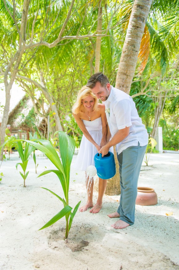 The newlyweds plant a coconut palm after their wedding. (Muha Photos)