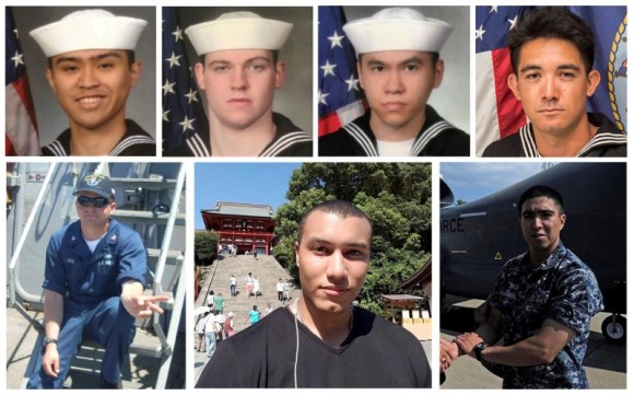 A combination photo of the dead sailors identified by the U.S. Navy in the collision incident between U.S. Navy destroyer USS Fitzgerald and Philippine-flagged merchant vessel south of Tokyo Bay on June 17, 2017. Top row (L-R) Fire Controlman 2nd Class Carlos Victor Ganzon Sibayan, 23, from Chula Vista, CA; Gunner's Mate Seaman Dakota Kyle Rigsby, 19, from Palmyra, VA; Sonar Technician 3rd Class Ngoc T Truong Huynh, 25, from Oakville, CT; and Yeoman 3rd Class Shingo Alexander Douglass, 25, from San Diego, CA. Bottom row (L-R) Fire Controlman 1st Class Gary Leo Rehm Jr., from Elyria, OH; Personnel Specialist 1st Class Xavier Alec Martin, 24, from Halethorpe, MD; and Gunner's Mate 2nd Class Noe Hernandez, 26, from Weslaco, TX. (U.S. Navy/Handout via Reuters)