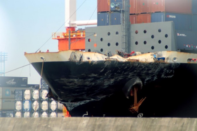 ACX Crystal, the Philippine-flagged merchant vessel that was damaged after colliding with the Arleigh Burke-class guided-missile destroyer USS Fitzgerald, is seen at a port in Yokohama, Japan in this photo taken by Kyodo on June 19, 2017. (Kyodo via Reuters)