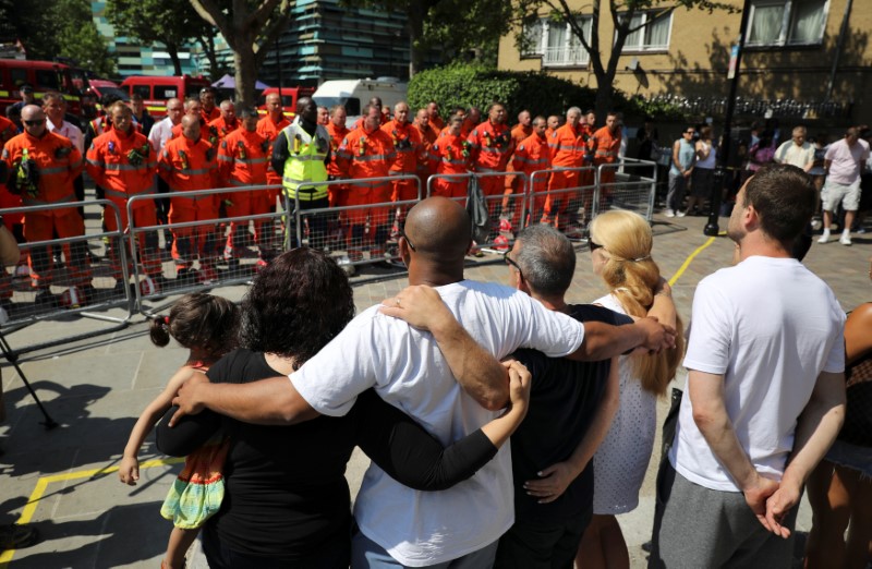 Members of the emergency services join people in a minute's silence for the victims of the Grenfell Tower fire near the site of the blaze in North Kensington, London, Britain, June 19, 2017. REUTERS/Marko Djurica