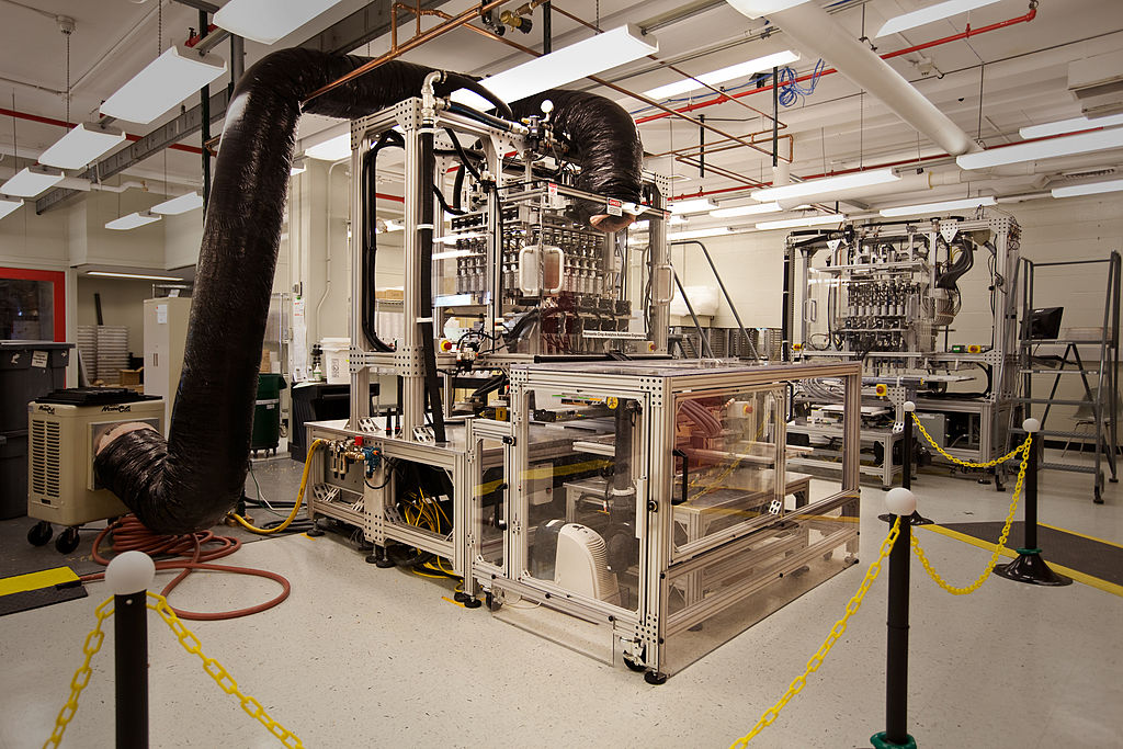 Images of advanced seed chipping machines and their technicans inside Monsanto agribusiness headquarters in St Louis, Missouri on May 21, 2009. (Brent Stirton/Getty Images.)