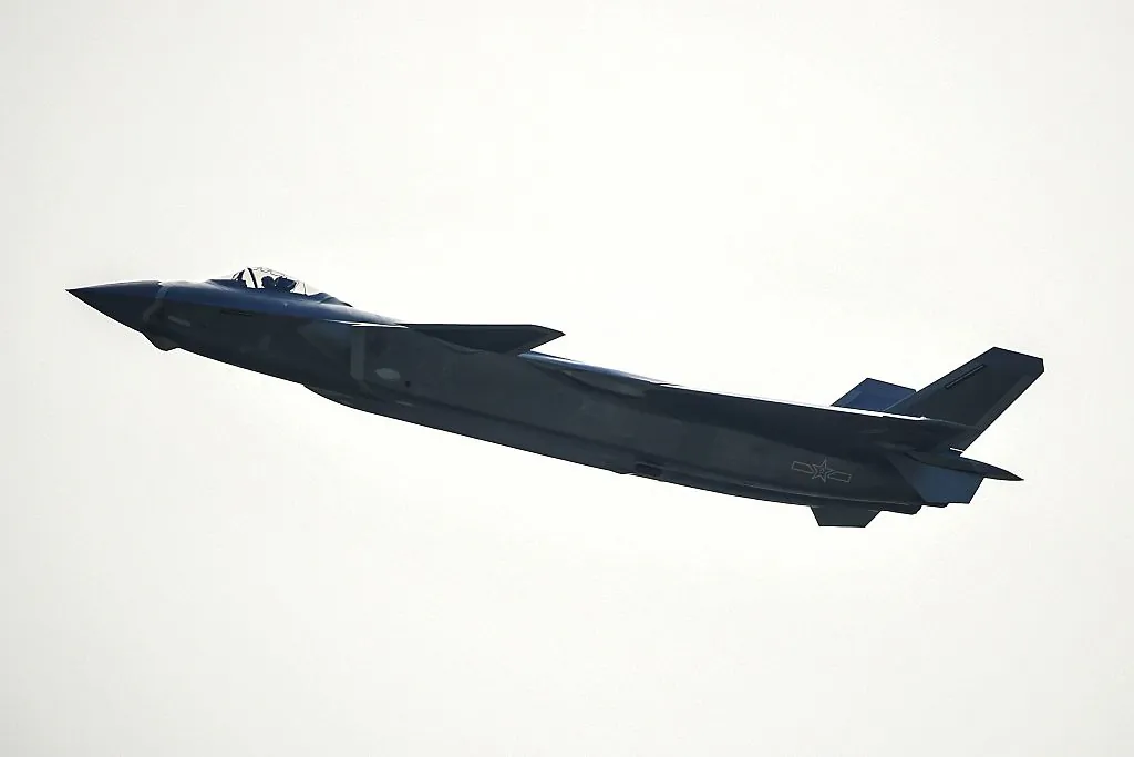A J-20 jet, which likely has employed stolen and reverse-engineered technology, is seen in Guangdong Province, China, on Nov. 1, 2016. (STR/AFP/Getty Images)