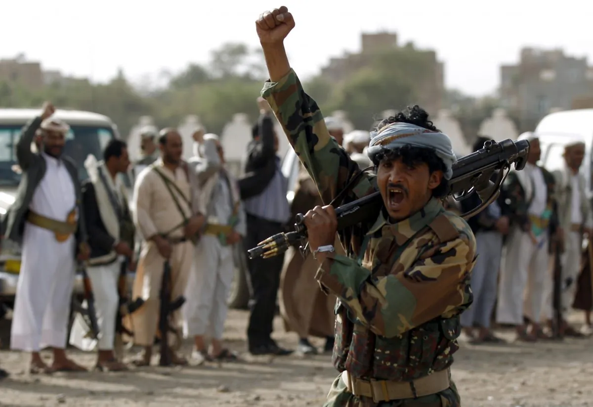 Yemen's Shiite Houthi rebels shout slogans during a gathering to mobilize more fighters to battlefronts to fight pro-government forces, on June 18, 2017, in the Yemeni capital Sanaa. (Mohammed Huwais/AFP/Getty Images)