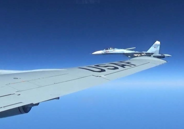 A U.S. RC-135U flying in international airspace over the Baltic Sea was intercepted by a Russian SU-27 Flanker June 19, 2017. Due to the high rate of closure speed and poor control of the aircraft during the intercept, this interaction was determined to be unsafe. (Courtesy photo/Released)