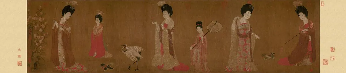 “Court Ladies Wearing Flowered Headdresses,” by Zhou Fang. Silk hand scroll, 18 inches by 71 inches, Liaoning Provincial Museum, Shenyang Province, China. (Public domain)