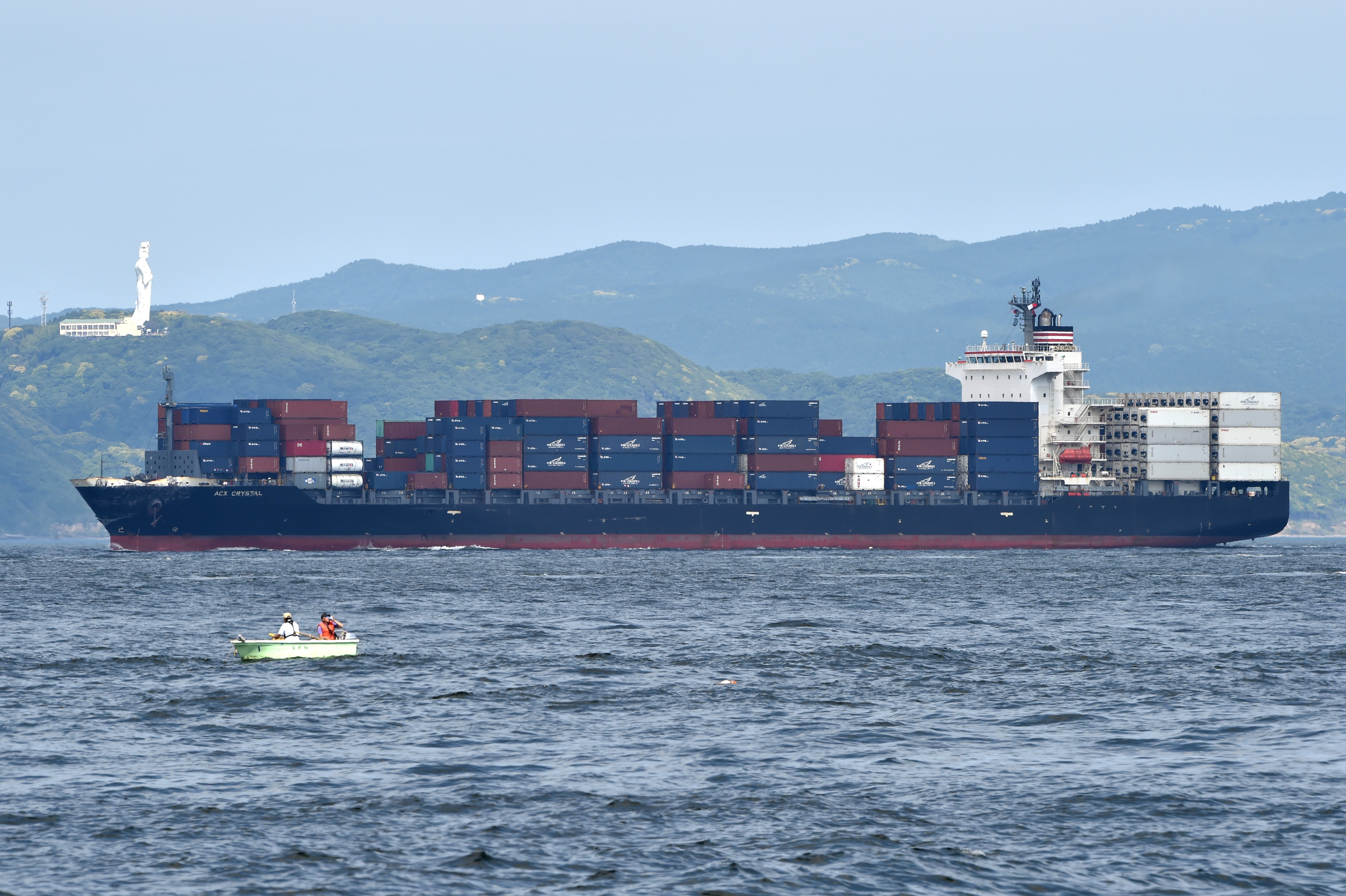 Damages on the Philippine-flagged container ship ACX Crystal after it collided with the guided missile destroyer USS Fitzgerald sails into Tokyo bay on June 17, 2017. (Kazuhiro Nogi/AFP/Getty Images)