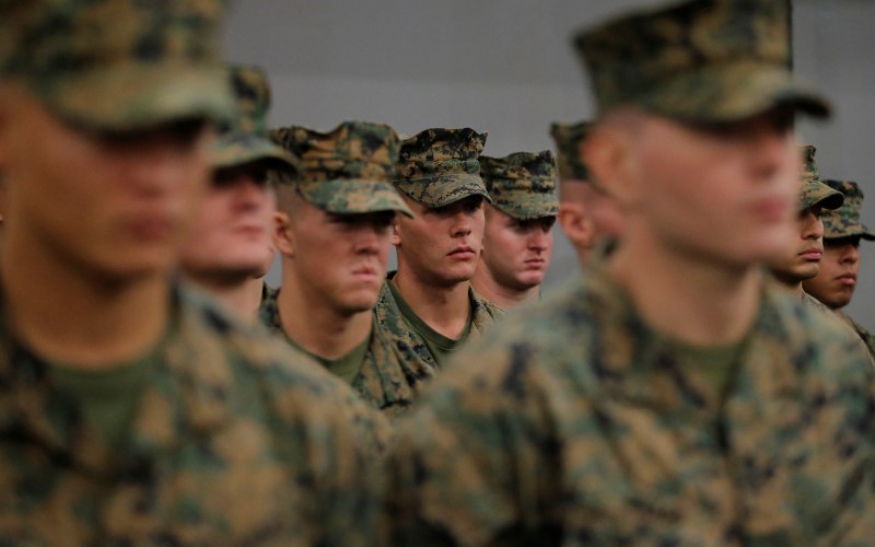 U.S. Marines aboard the USS Bonhomme Richard amphibious assault ship stand in formation during a ceremony marking the start of Talisman Saber 2017, a biennial joint military exercise between the United States and Australia aboard the USS Bonhomme Richard amphibious assault ship on the the Pacific Ocean off the coast of Sydney, Australia, June 29, 2017.    REUTERS/Jason Reed