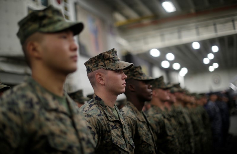 U.S. Marines aboard the USS Bonhomme Richard amphibious assault ship stand in formation during a ceremony marking the start of Talisman Saber 2017, a biennial joint military exercise between the United States and Australia aboard the USS Bonhomme Richard amphibious assault ship on the the Pacific Ocean off the coast of Sydney, Australia, June 29, 2017.    REUTERS/Jason Reed